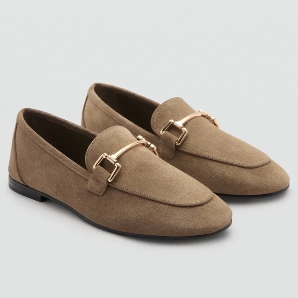 Mango MNG Tan Suede leather Loafers with Gold Accent; size 38 ( US 7.5); NWT - Picture 1 of 11